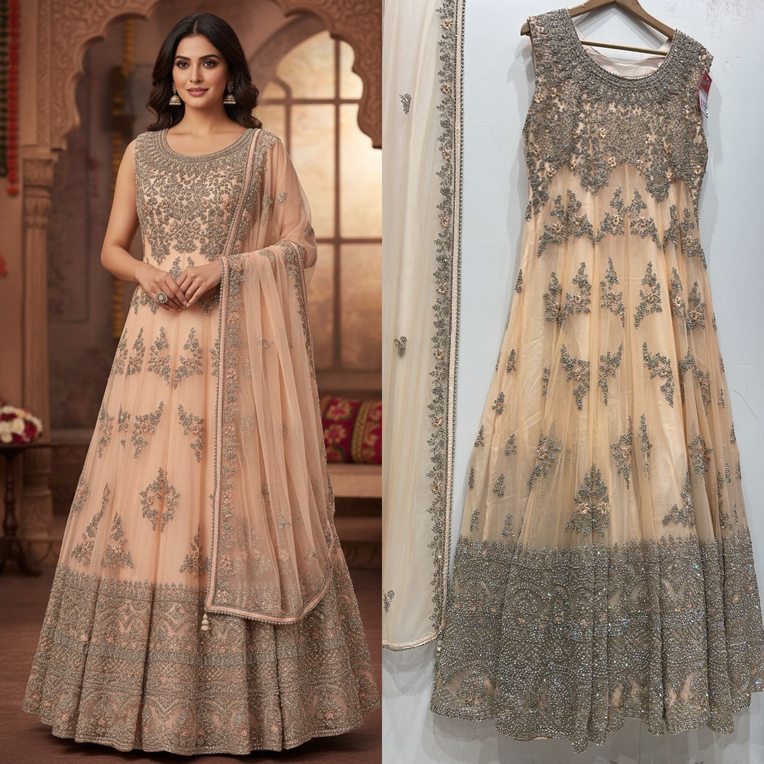 7015C- Light Peach Embroidered & Embellished net long dress