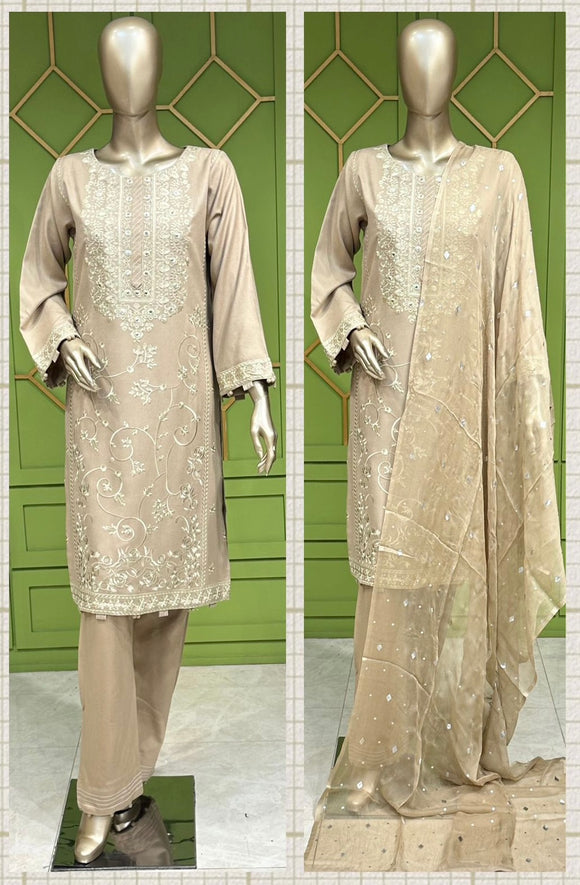 EMBROIDERED WOOL PEACH 3 PIECE SUIT ZC3090B
