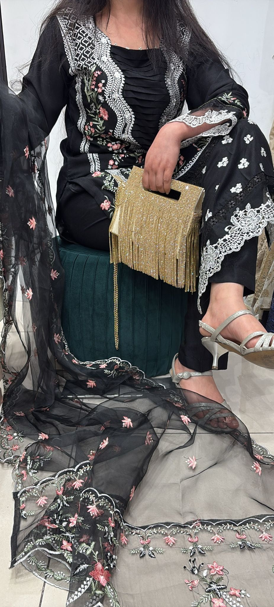 085C- BLACK EMBROIDERED LINEN 3 PIECE SUIT