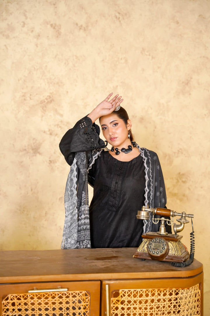 1167C - BLACK LINEN CHIKANKARI 3 PIECE SUIT
