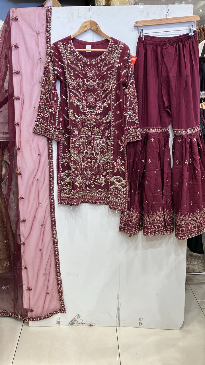 353A - Plum Embroidered Chiffon Gharara 3 Piece Suit