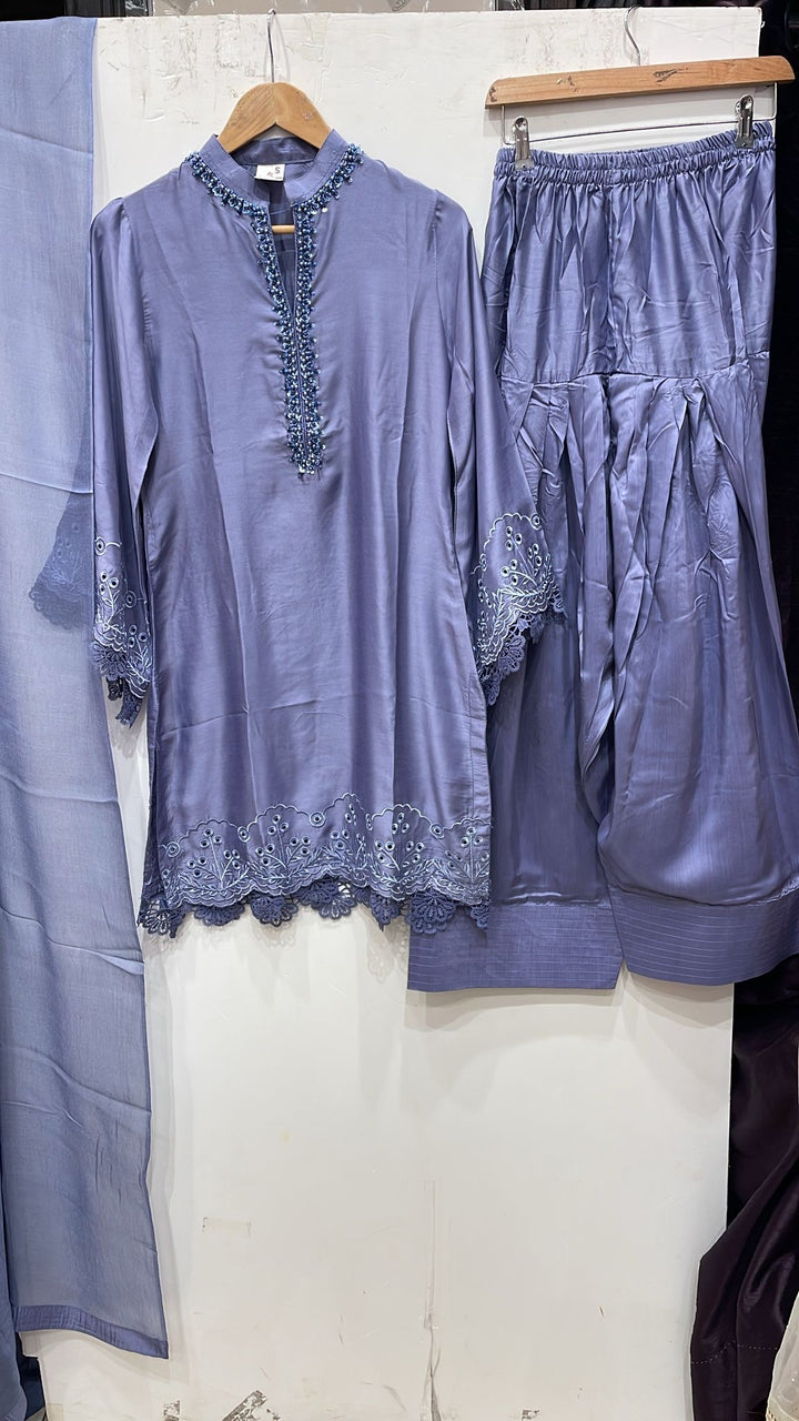 NF08 - Lavender Blue Farshi Shalwar Embroidered linen suit