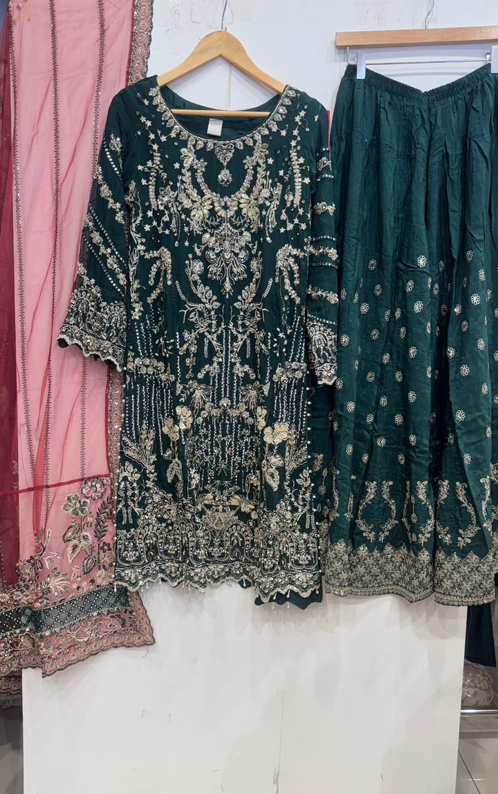354A - Green Embroidered Chiffon Sharara 3 Piece Suit