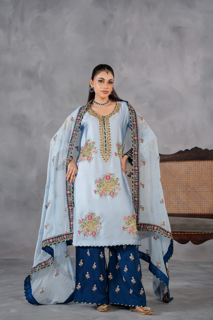 335E- Blue Embroidered Shamoz Silk 3 Piece Suit