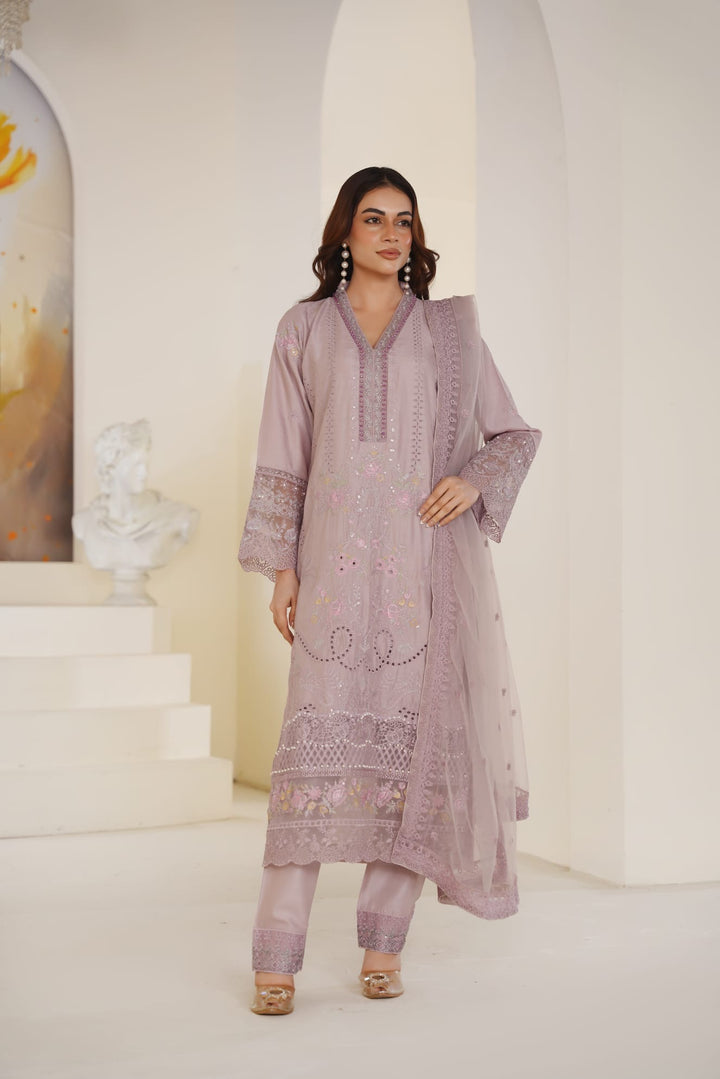 1165B - Mauve Embroidered Linen Chikankari 3 Piece suit