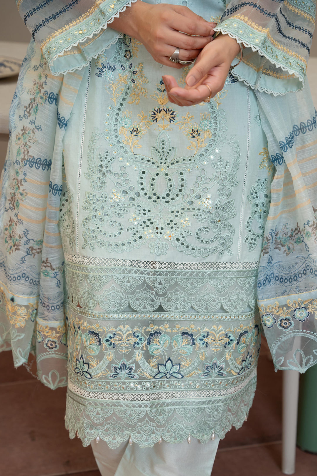 1142A - Light Green Embroidered Linen 3 Piece suit