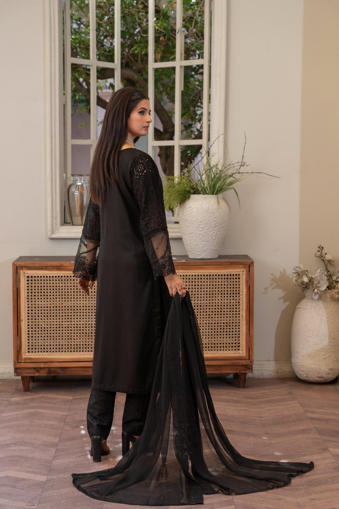 1143C - Black Embroidered Linen 3 Piece suit