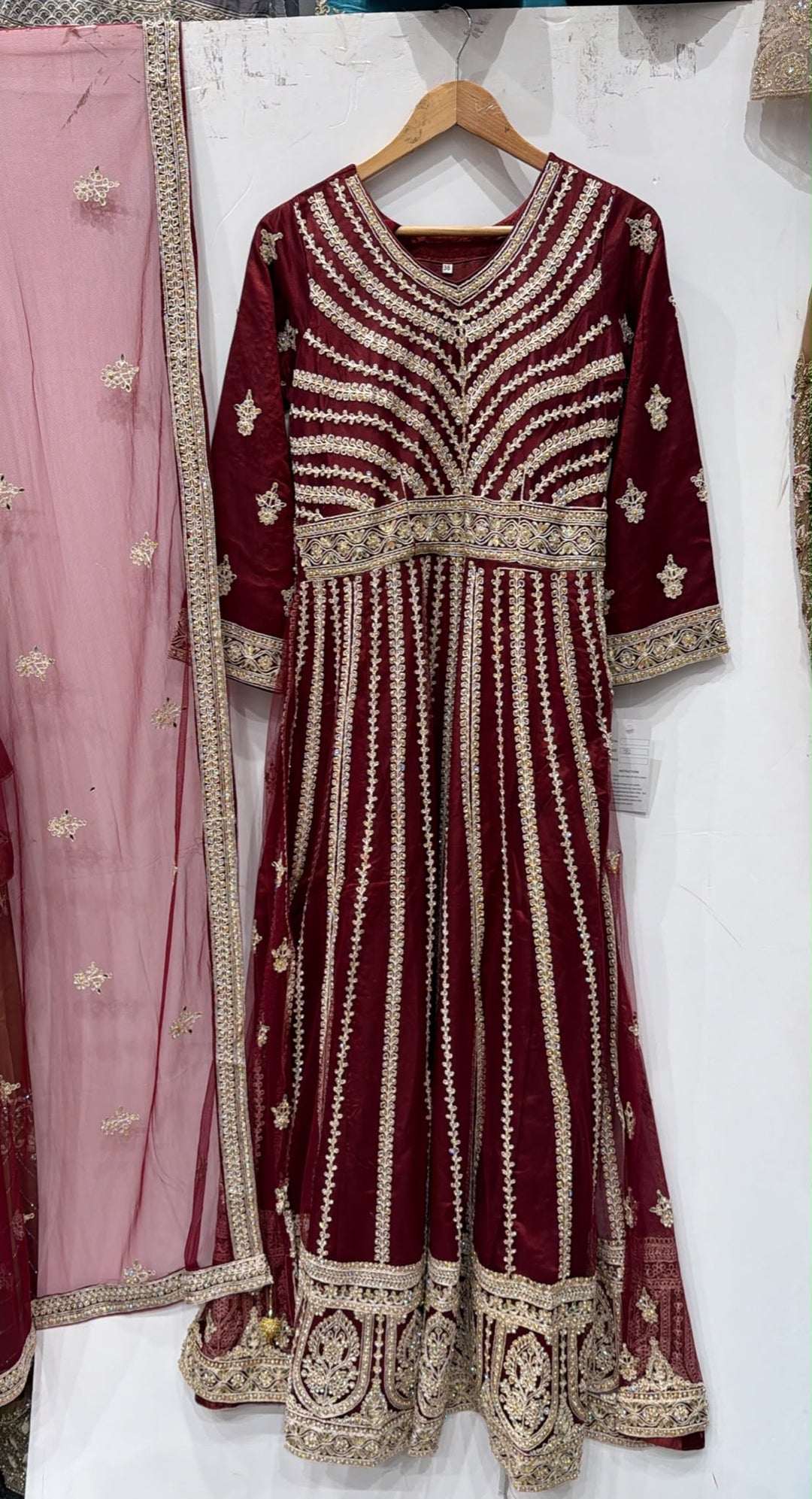 134D - Maroon Net  Embroidered Maxi Dress