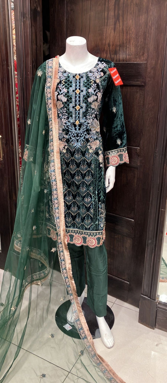GREEN EMBROIDERED VELVET 3 PIECE SUIT BV46