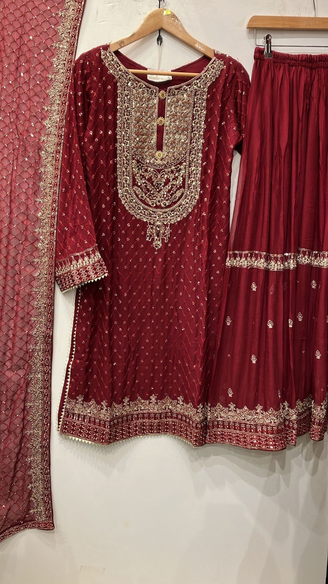 381H - RED CHIFFON EMBROIDERED SHARARA SUIT