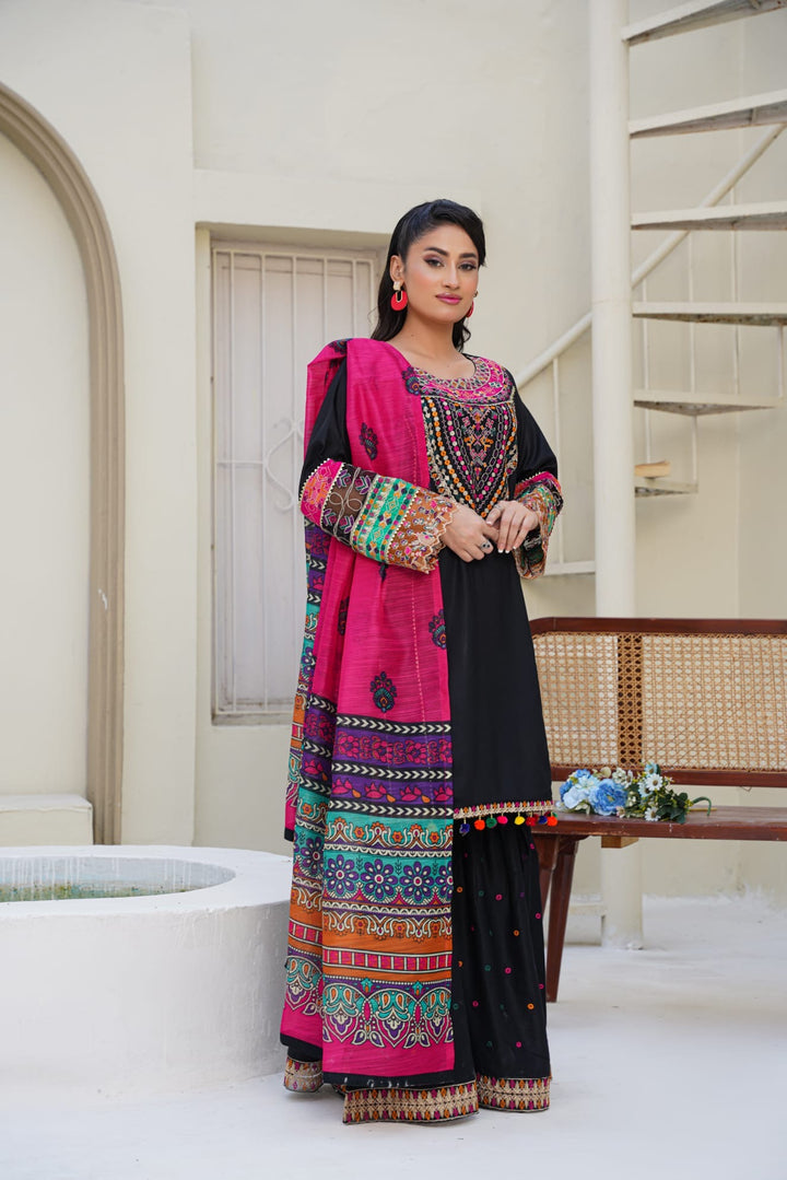 1169C - Black Embroidered Linen Cotton 3 Piece Gharara suit