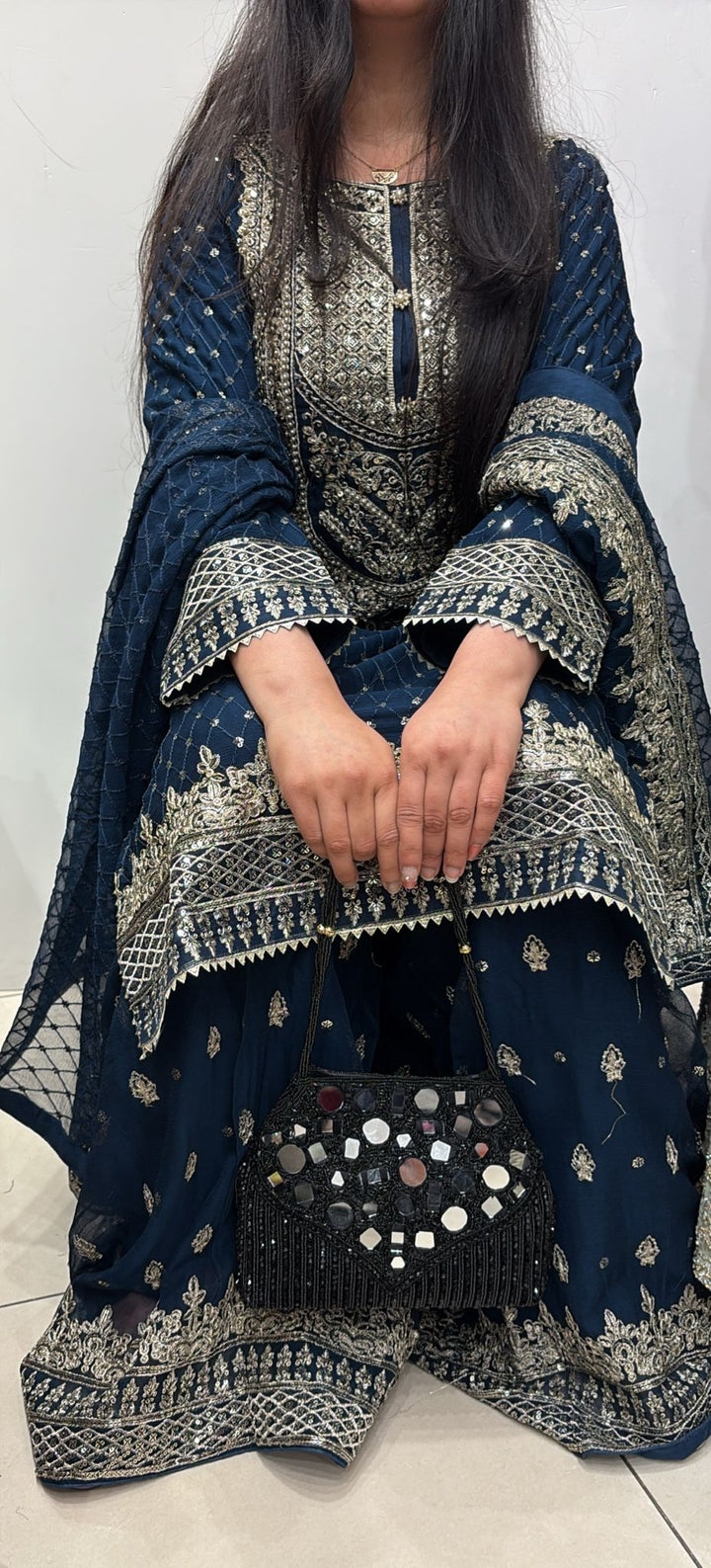 381A- NAVY CHIFFON EMBROIDERED SHARARA SUIT