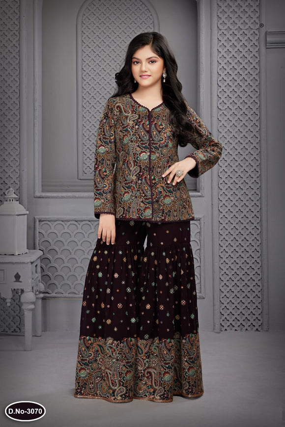 GIRLS PLUM EMBROIDERED & EMBELLISHED SHARARA OUTFIT K3070A