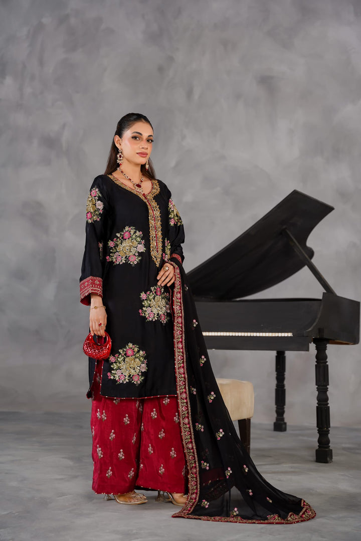 335C- Black/Red Embroidered Shamoz Silk 3 Piece Suit