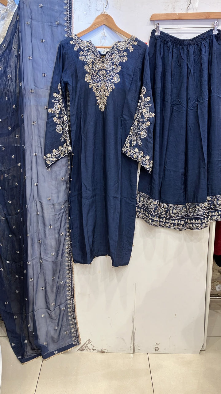 360A- Blue Embroidered Silk 3 Piece Suit