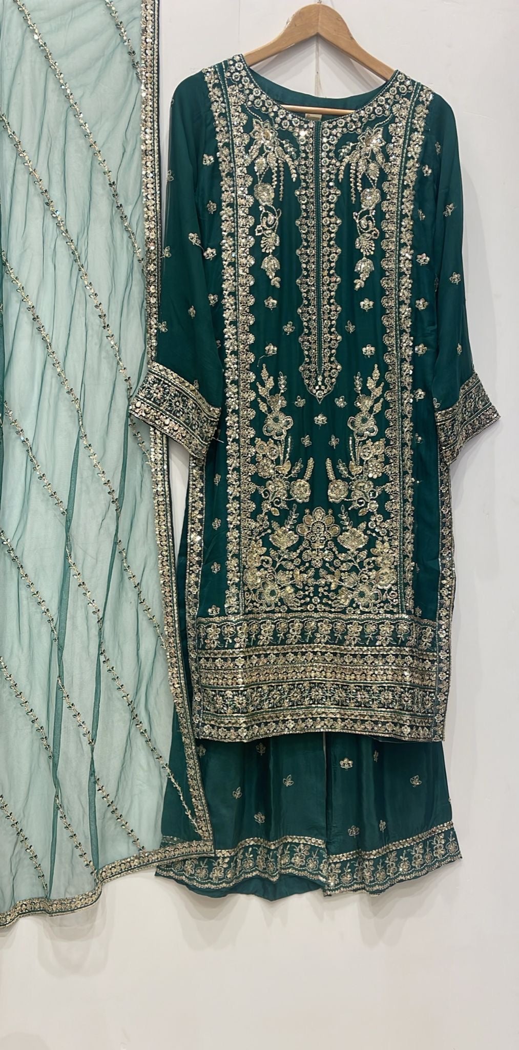 386B -GREEN CHIFFON EMBROIDERED SHARARA SUIT