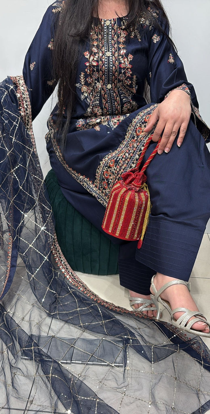 FR01 - BLUE EMBROIDERED VISCOSE SILK SUIT WITH FARSHI SHALWAR