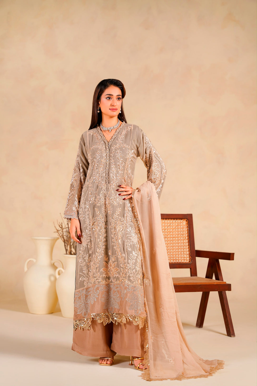369A- Beige Maria B Inspired Embroidered Chiffon 3-Piece Suit
