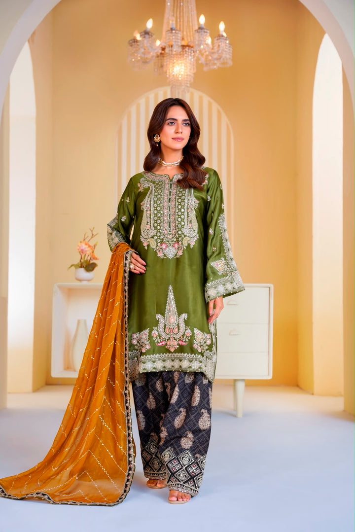 336A- Embroidered Shamoz Silk 3 Piece Suit