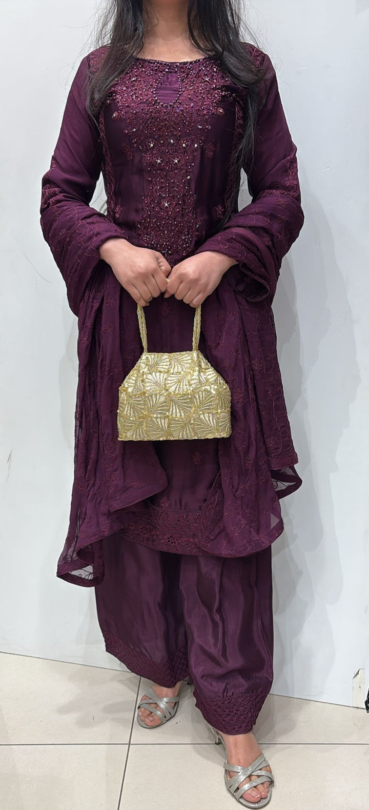 AG22f- PURPLE EMBROIDERED SILK 3 PIECE SUIT