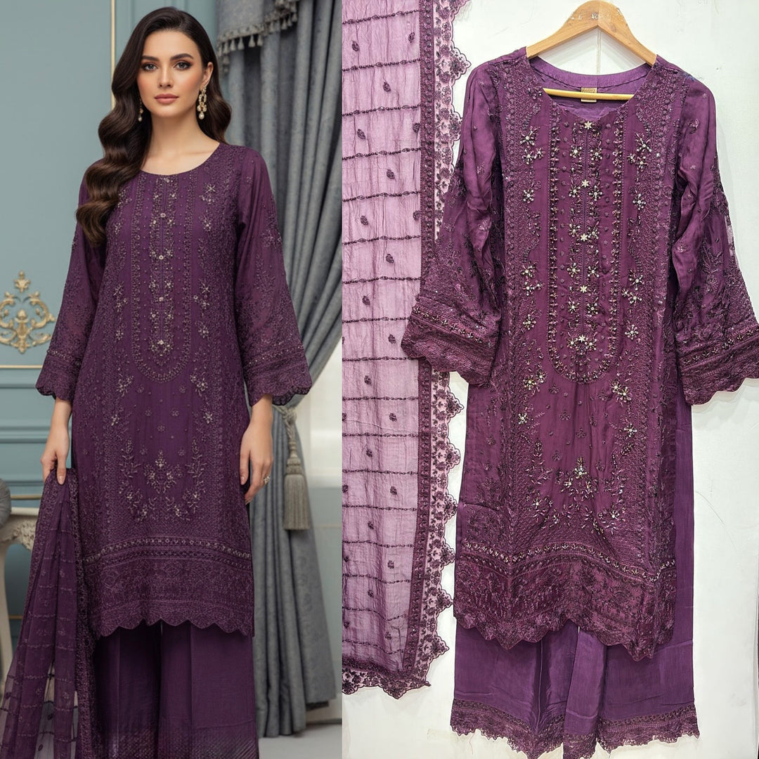 327C- Purple Embroidered Chiffon 3 Piece Suit