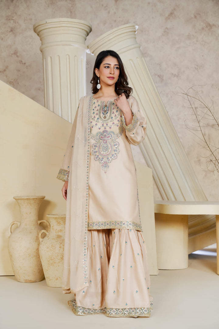 1162B - Beige Embroidered Linen 3 Piece Sharara suit