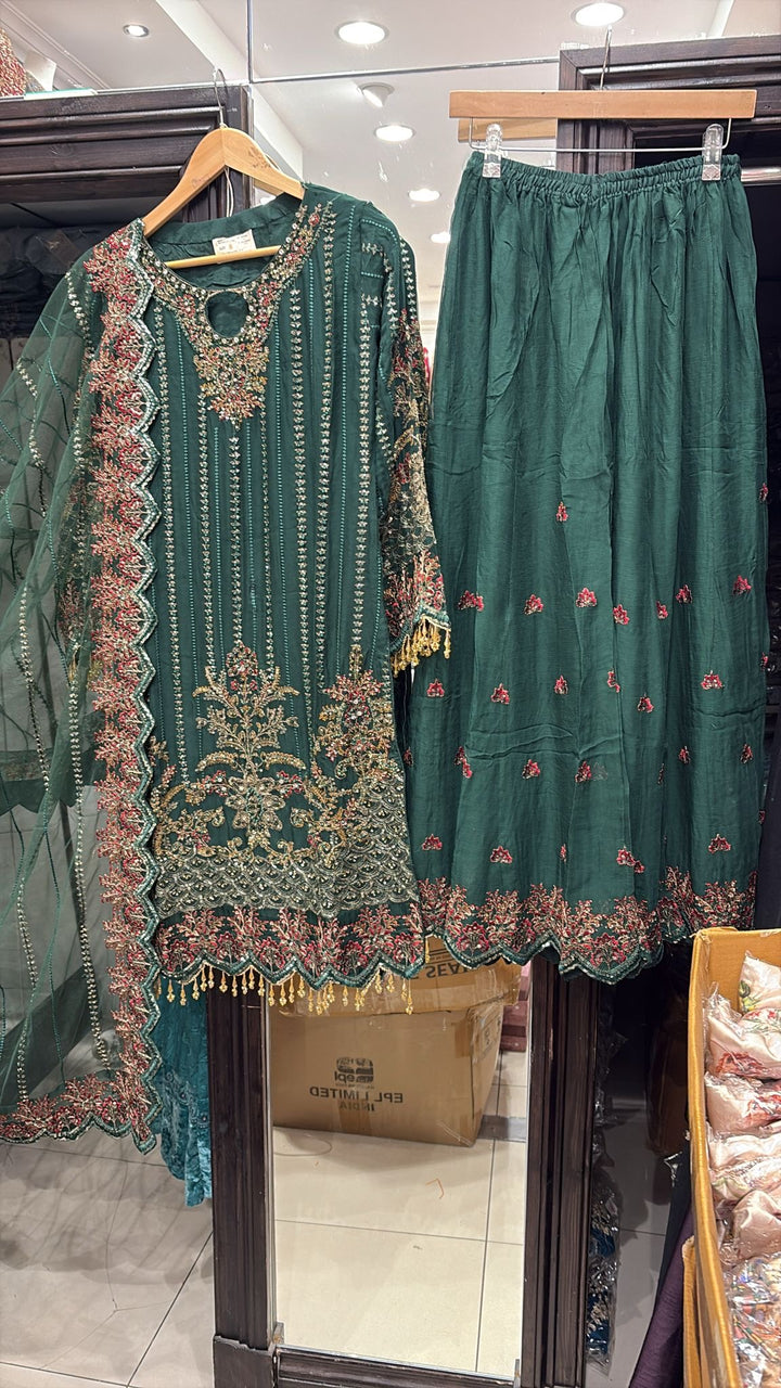 334E - GREEN CHIFFON EMBROIDERED SUIT
