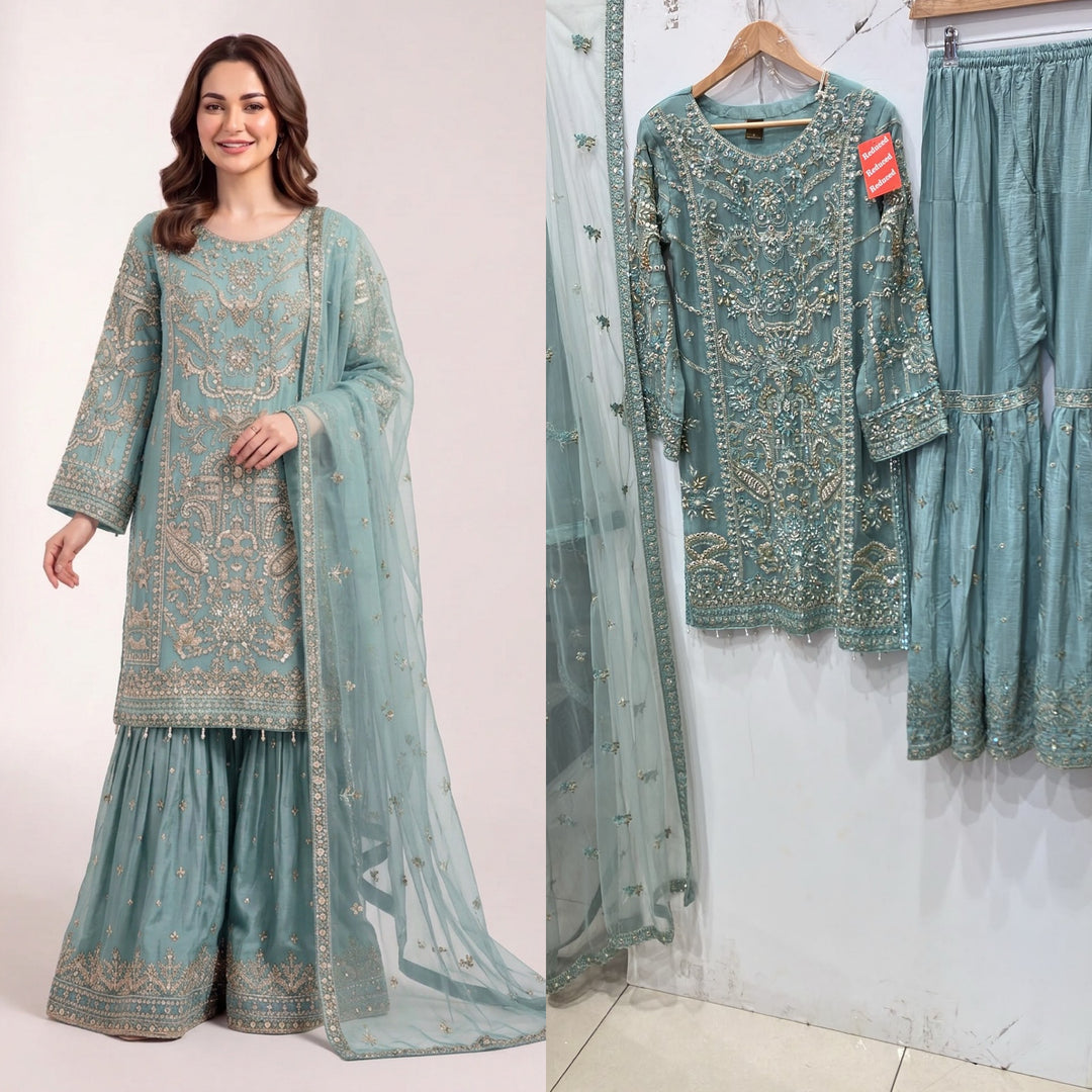 353C - Light Blue Embroidered Chiffon Gharara 3 Piece Suit