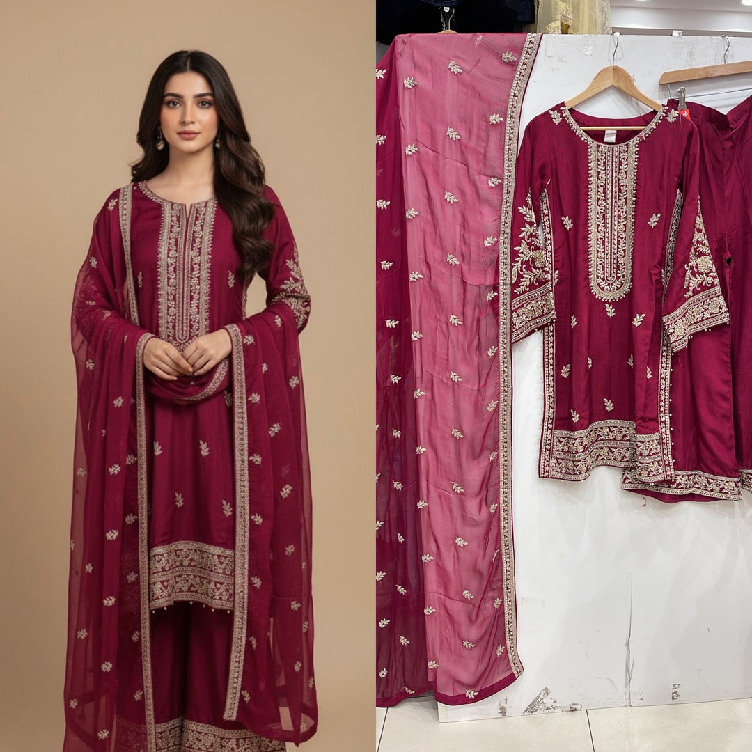 365A- Red Embroidered Silk 3 Piece Suit