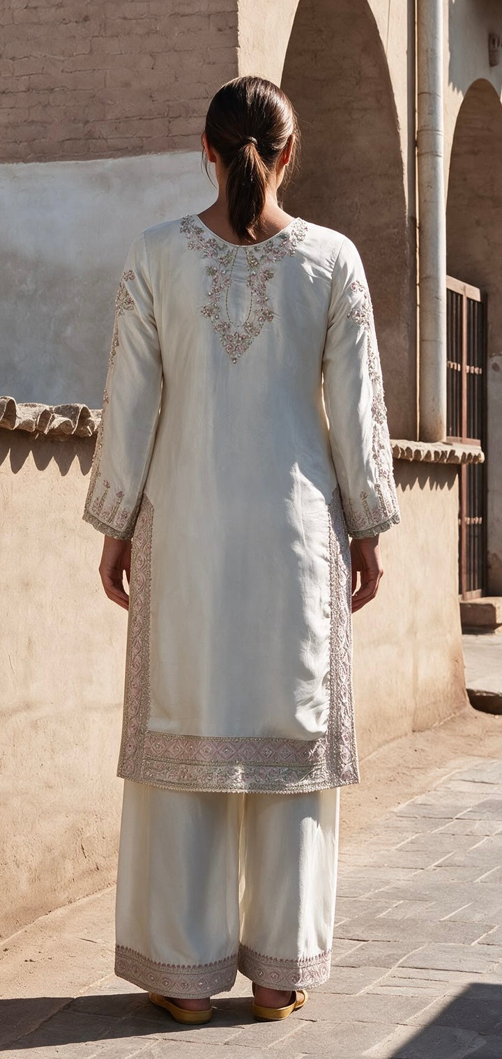 2005A - Ivory Viscose Silk Adda Hand Work Pakistani Suit - East meets west clothing 