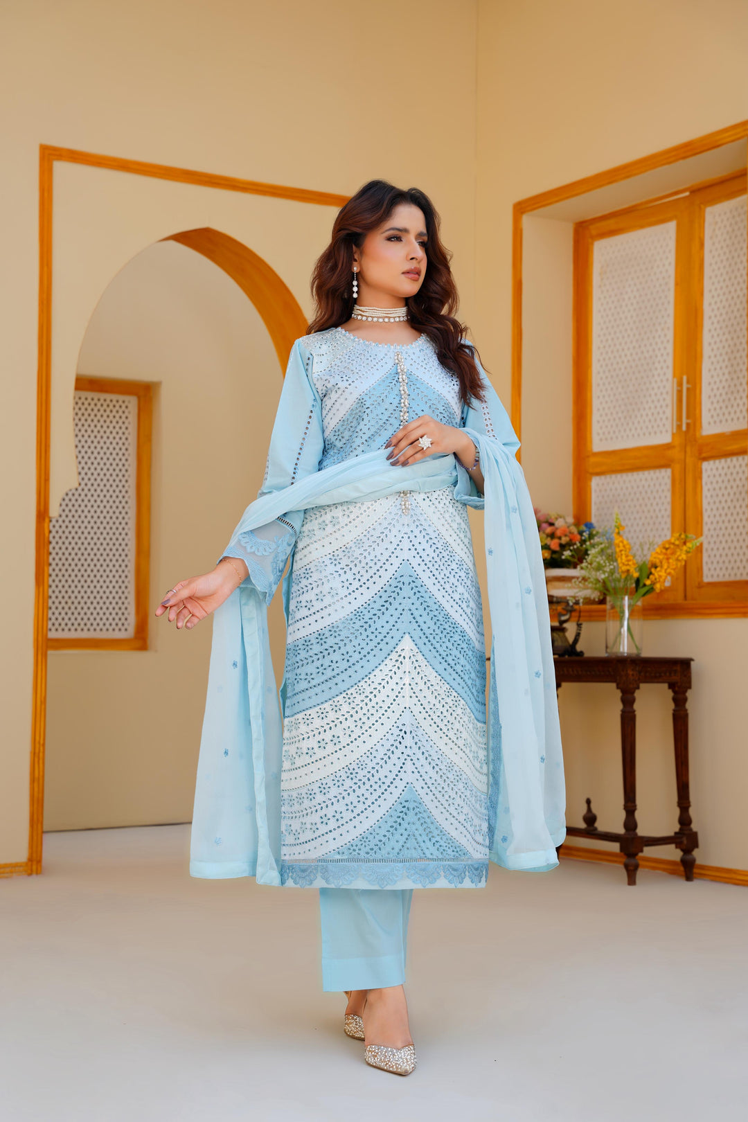 AR01 - Attire Light Blue Embroidered Chikankari Cotton 3 Piece suit