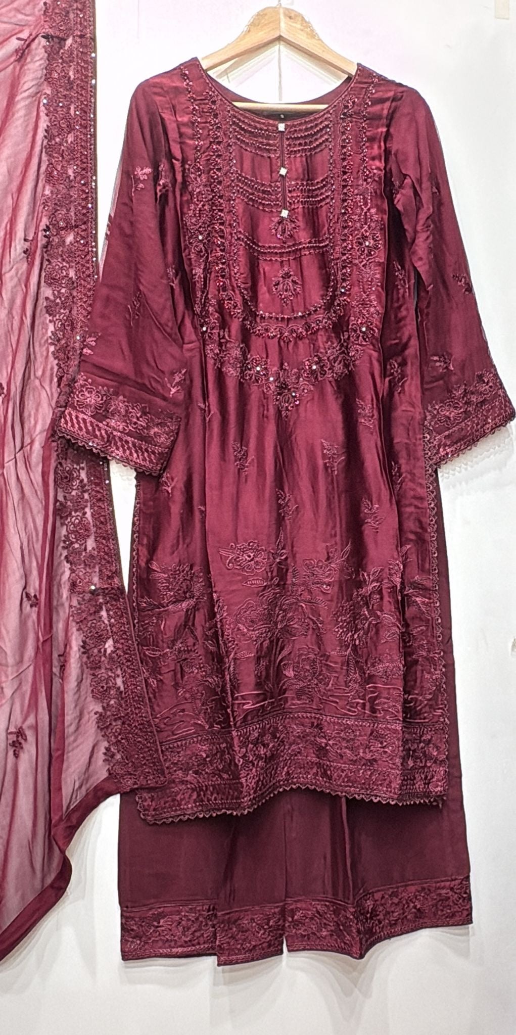 AG23c- MAROON EMBROIDERED SILK 3 PIECE SUIT