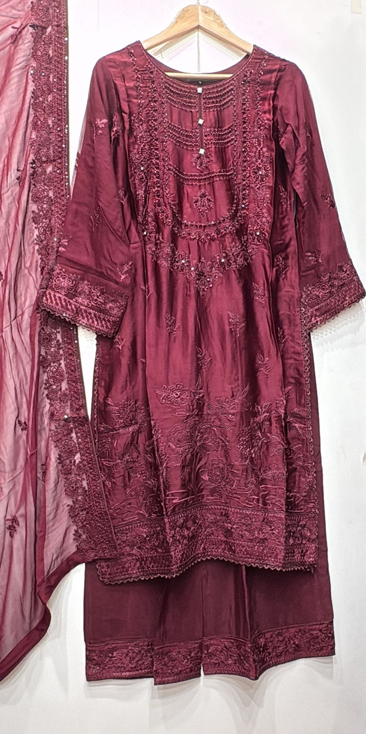 AG23c- MAROON EMBROIDERED SILK 3 PIECE SUIT