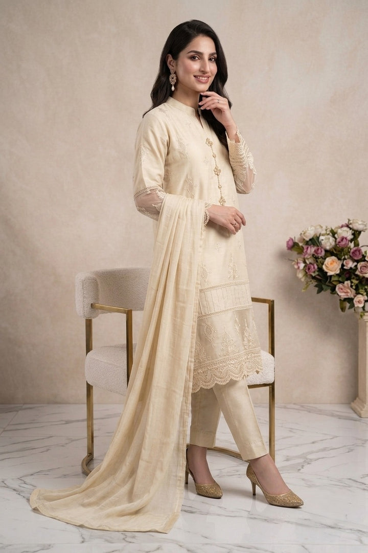 1114G - Light Beige Embroidered Linen 3 Piece suit
