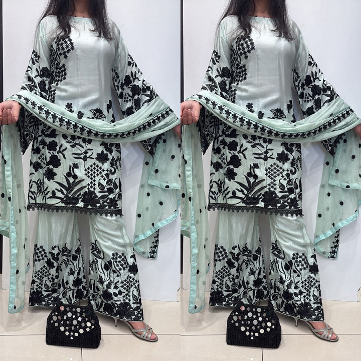EMBROIDERED VISCOSE SILK 3 PIECE SUIT 373C