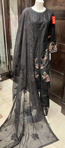 BLACK EMBROIDERED LINEN CHIKANKARI 3 PIECE SUIT 084B