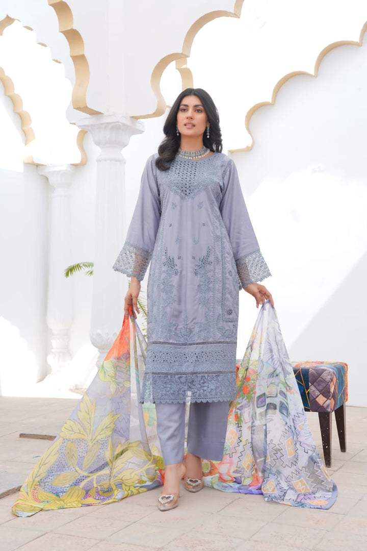 LP07B - GREY EMBROIDERED LINEN 3 PIECE SUIT