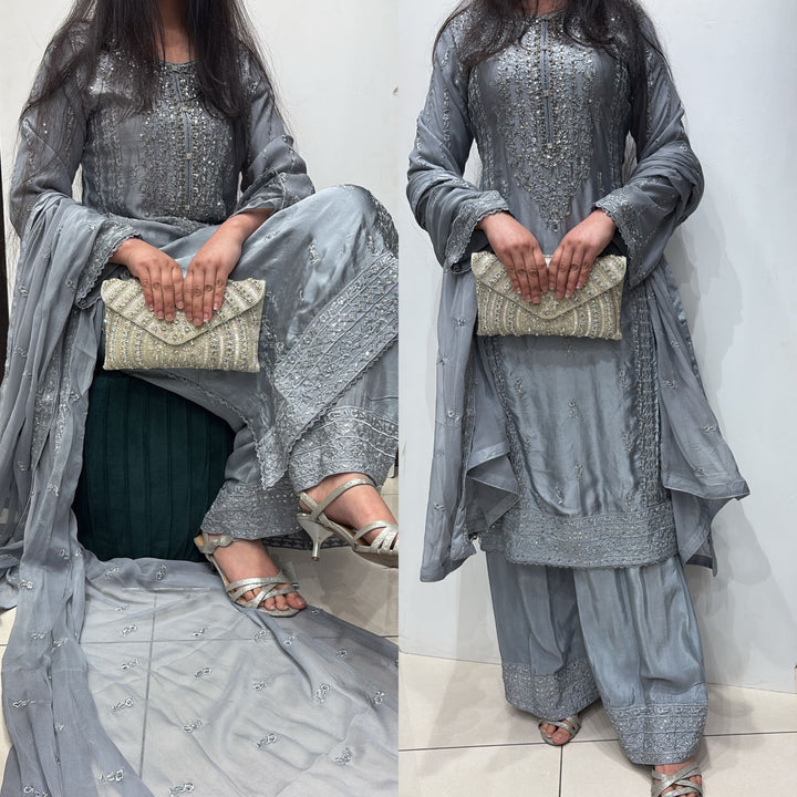 AG21a- GREY EMBROIDERED SILK 3 PIECE SUIT
