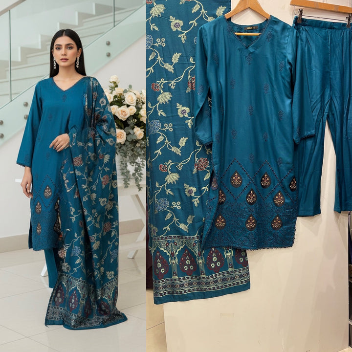 GF03 - TEAL FEROZI DHANAK LINEN EMBROIDERED SUIT