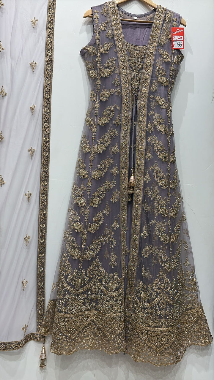 7014C- Mauve Embroidered & Embellished net long dress