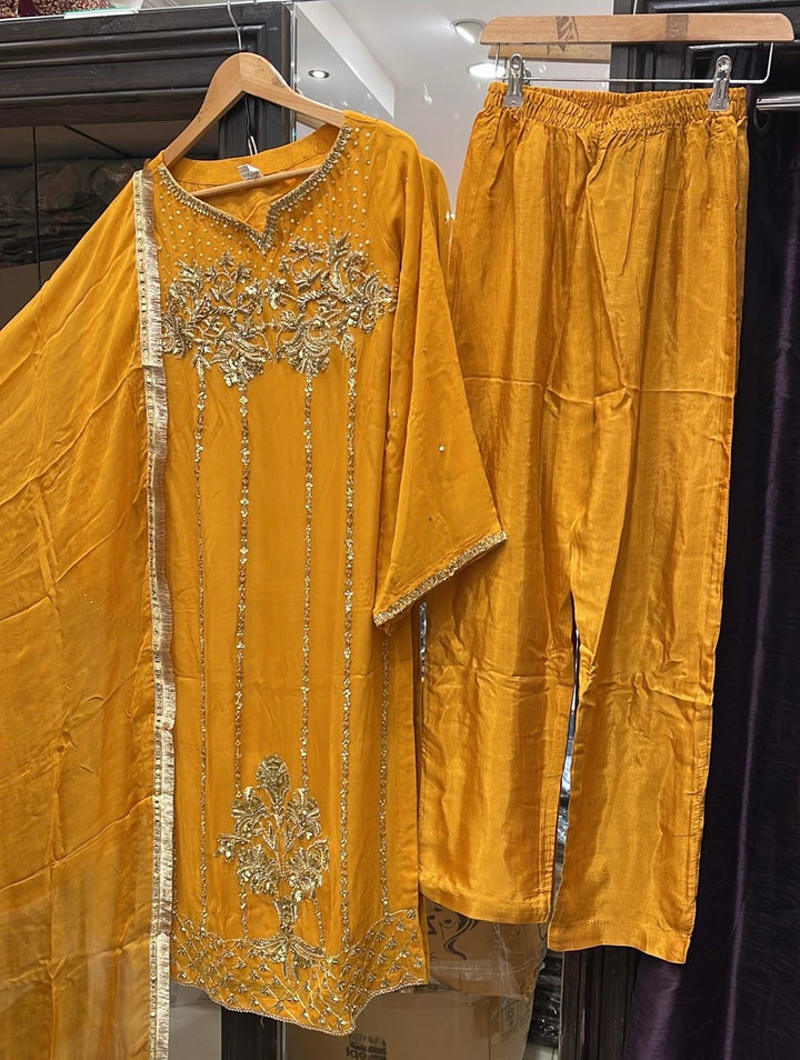 323C - MUSTARD CHIFFON EMBROIDERED ADDA WORK SUIT