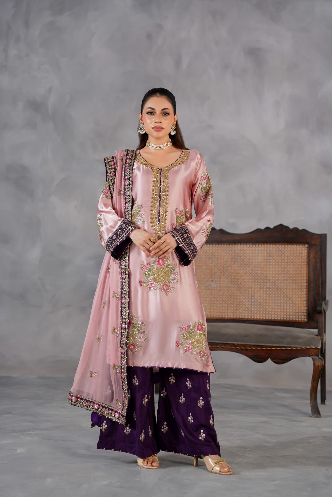 335G- Pink Embroidered Shamoz Silk 3 Piece Suit