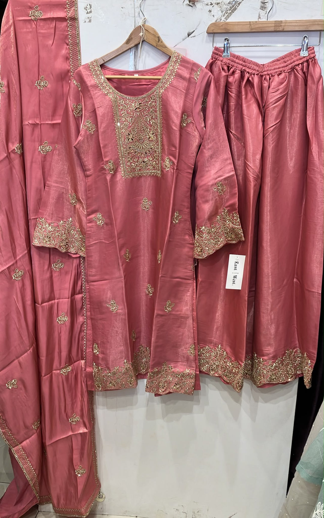 315A- ROSE PINK EMBROIDERED SHIMMER SILK 3 PIECE SUIT