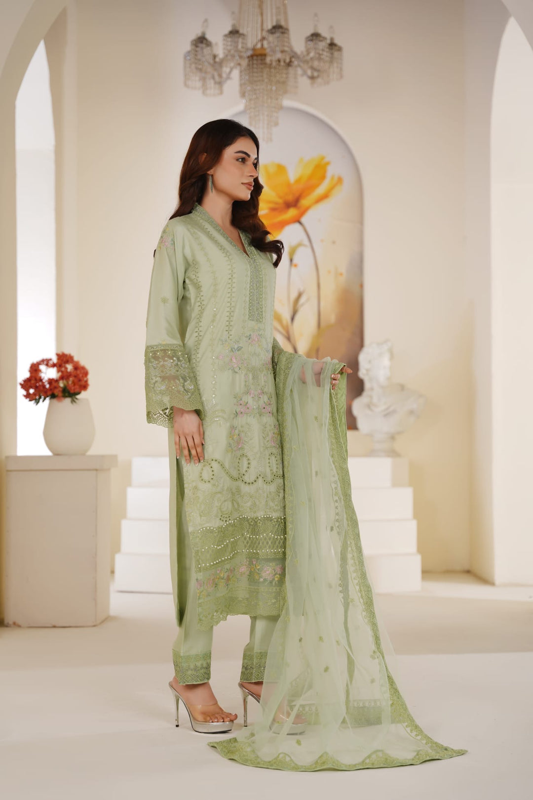 1165A - Light Green Embroidered Linen Chikankari 3 Piece suit