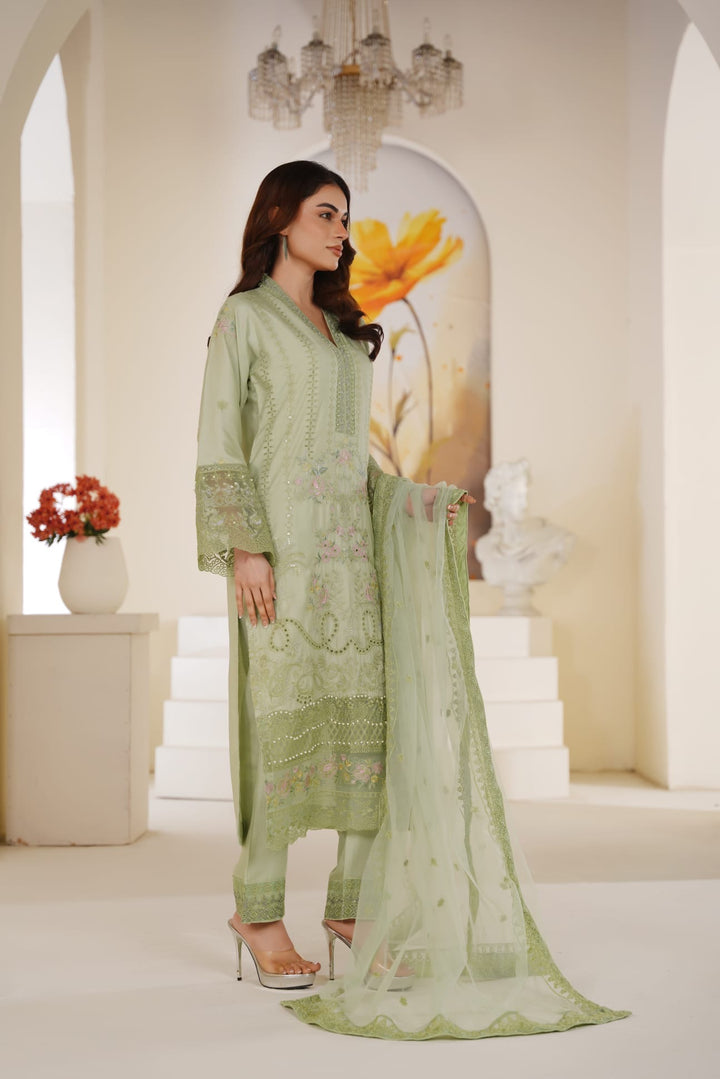 1165A - Light Green Embroidered Linen Chikankari 3 Piece suit