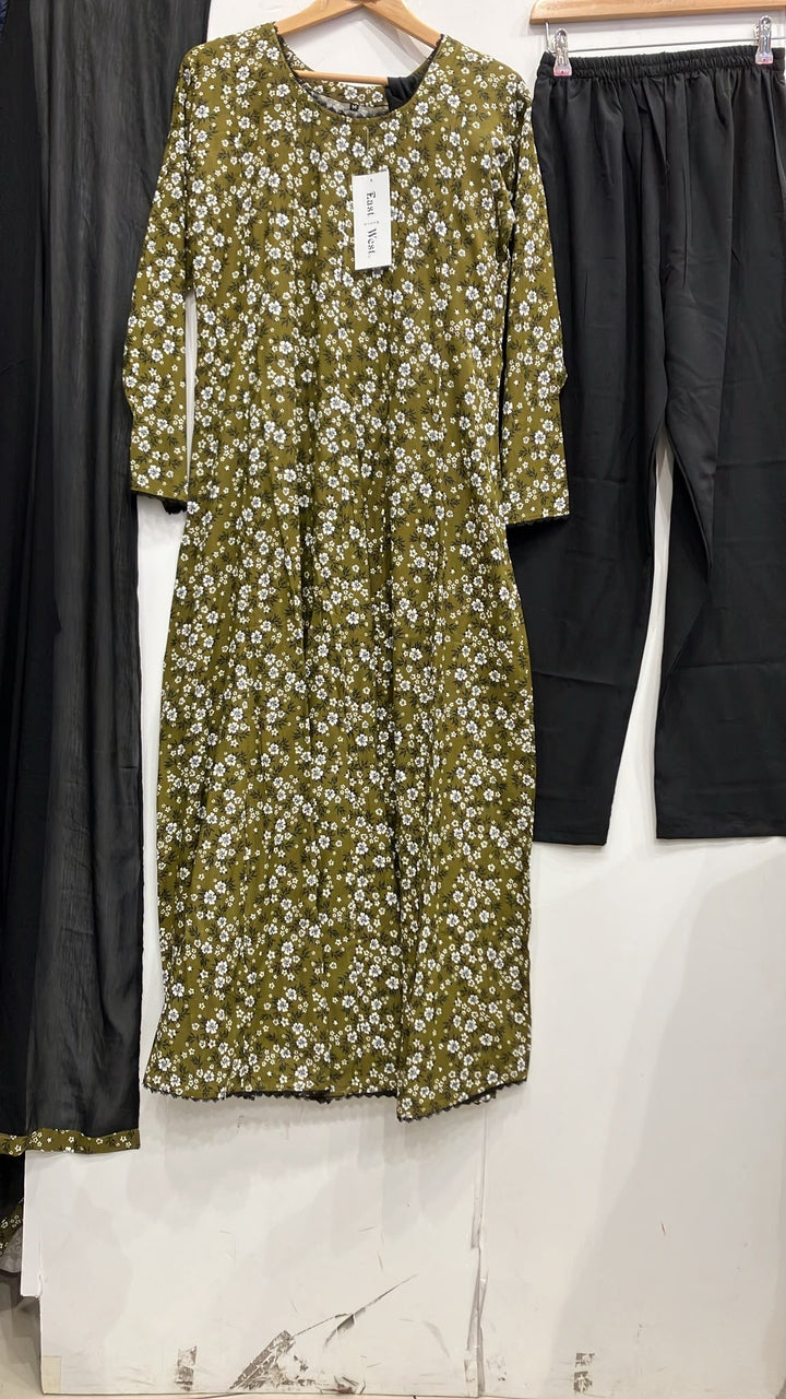 LS02 - GREEN COTTON PRINT LONG DRESS 3 PIECE SUIT