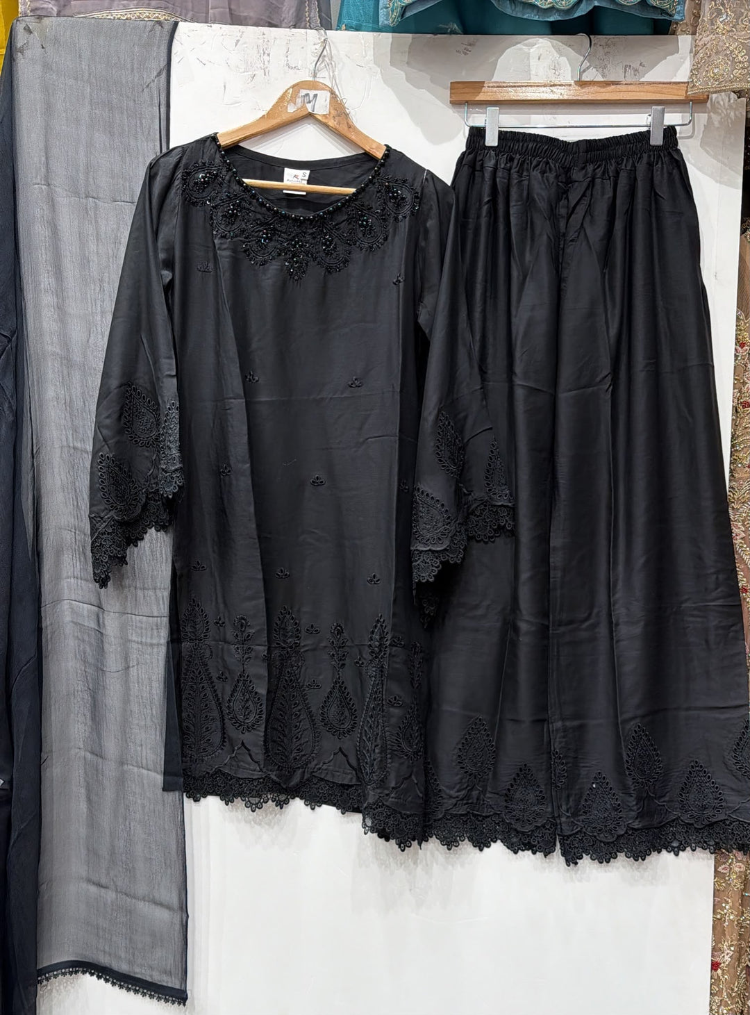 1134B - Black Viscose Embroidered Pakistani Suit with Palazzo