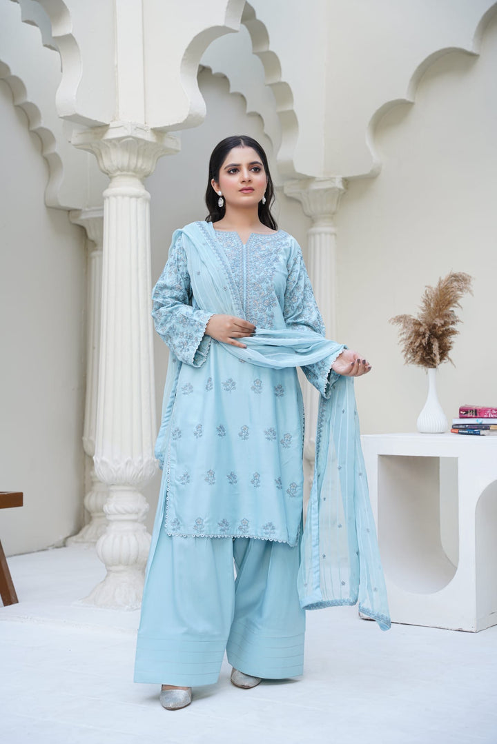 1164D- LIGHT BLUE LINEN EMBROIDERED 3 PIECE SUIT FARSHI SHALWAR