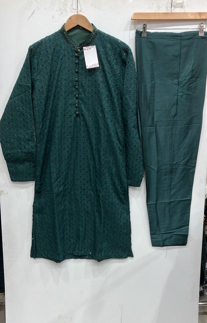 CK761A - Men’s Green Cotton Hand Embroidered Chikankari Set