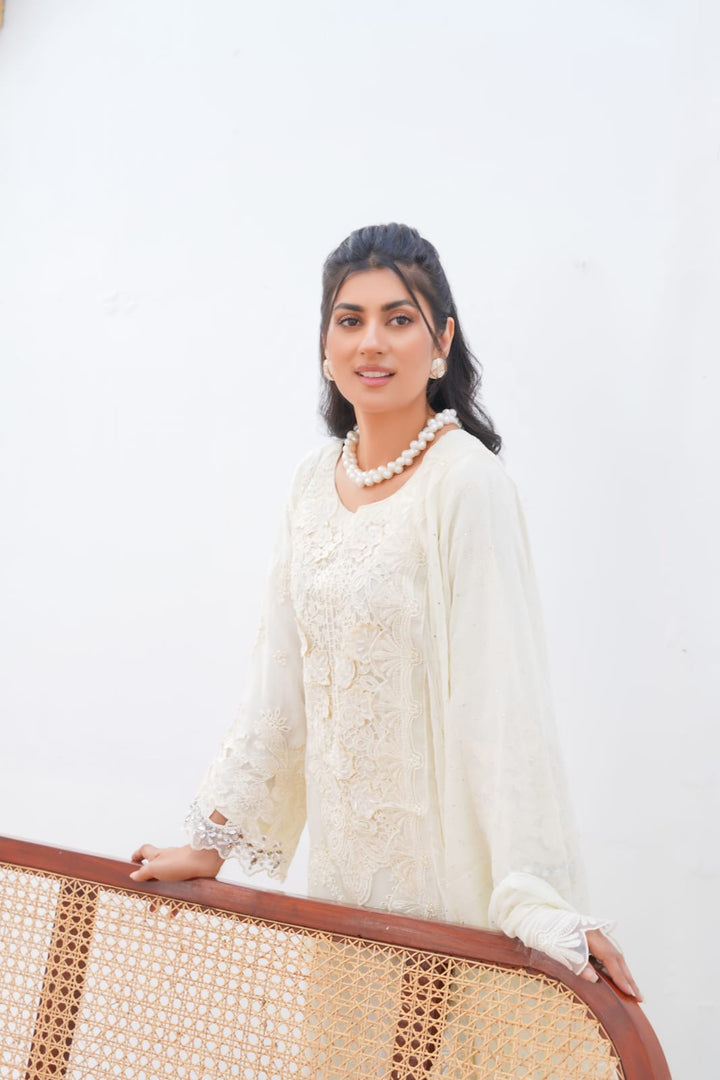 355B - Maria b inspired off-white Embroidered chiffon suit